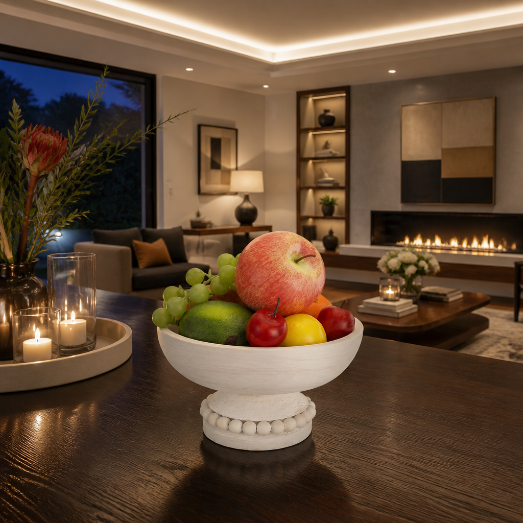 Farmhouse white pedestal bowl filled with fruit at the centre of a dark timber dining table