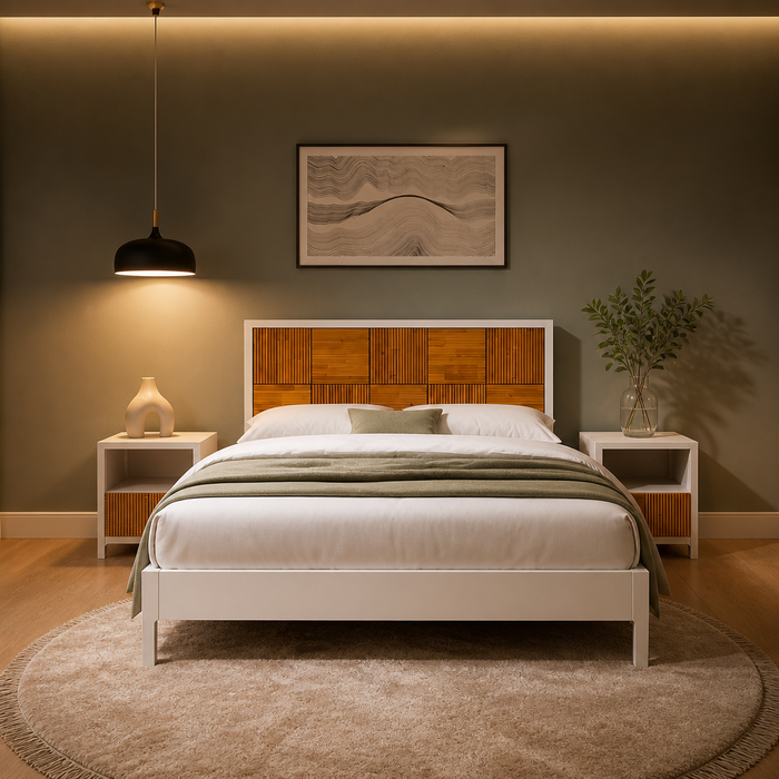 Madia acacia bed frame hero in a warm modern bedroom