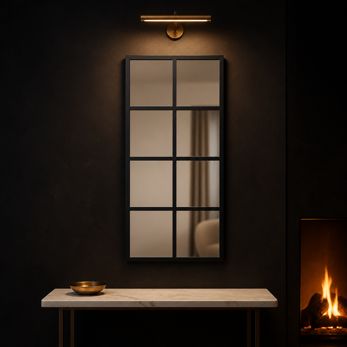 Black grid metal mirror in a dramatic entryway
