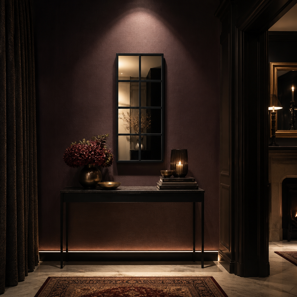 Black grid metal mirror above a slim console in an oxblood entryway