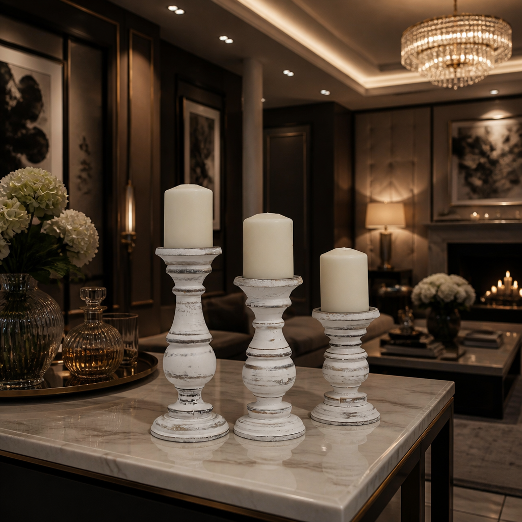 White mango wood candle holder set variant image