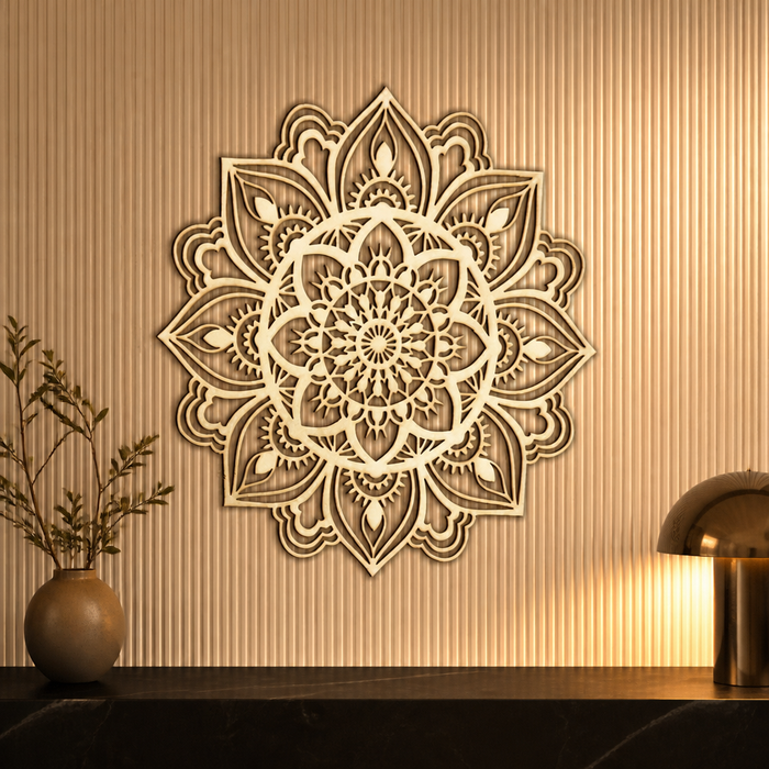 Pale gold floral mandala metal wall art on a fluted feature wall