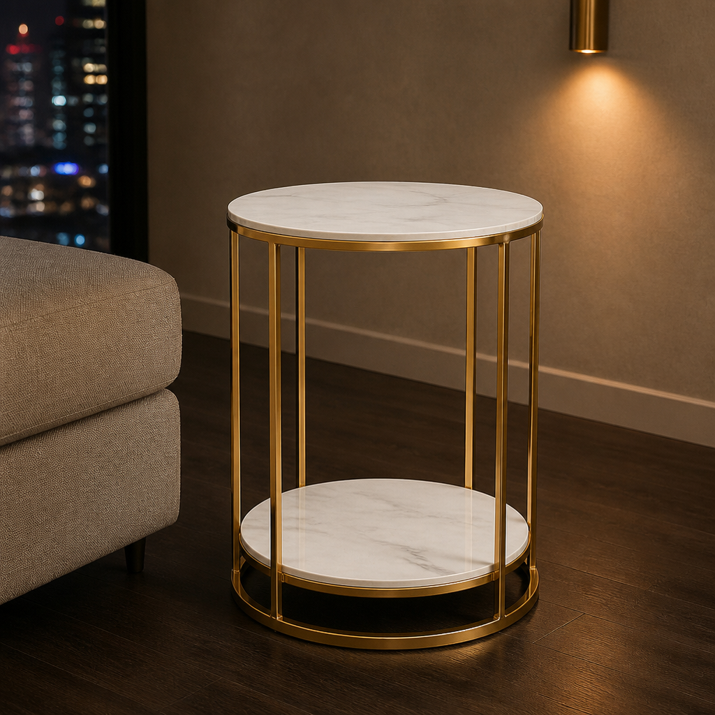 Round gold and white marble side table hero