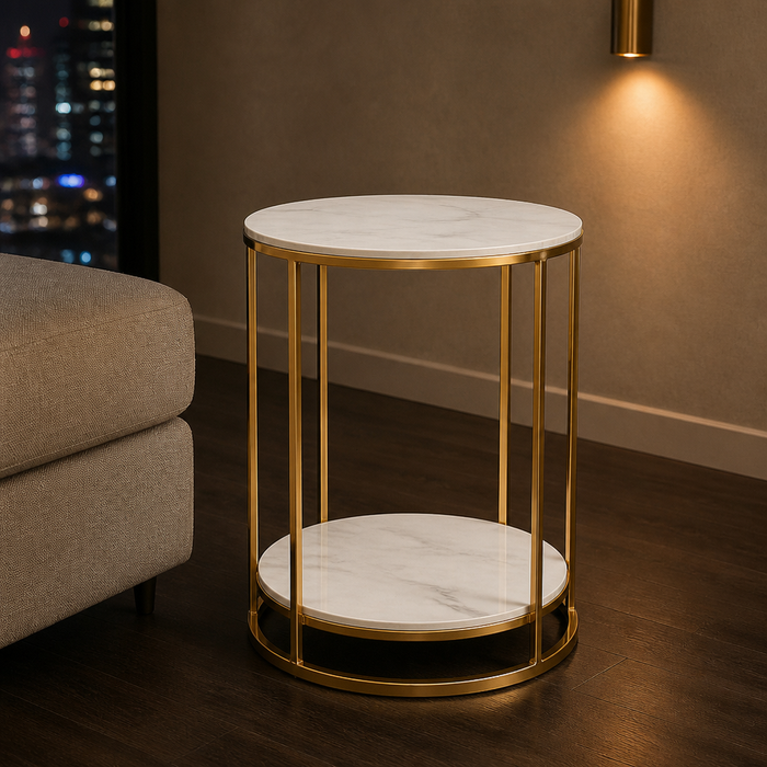Round gold and white marble side table hero