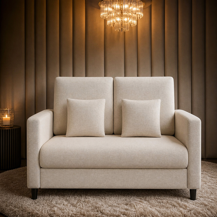 Beige chenille loveseat against a channelled feature wall