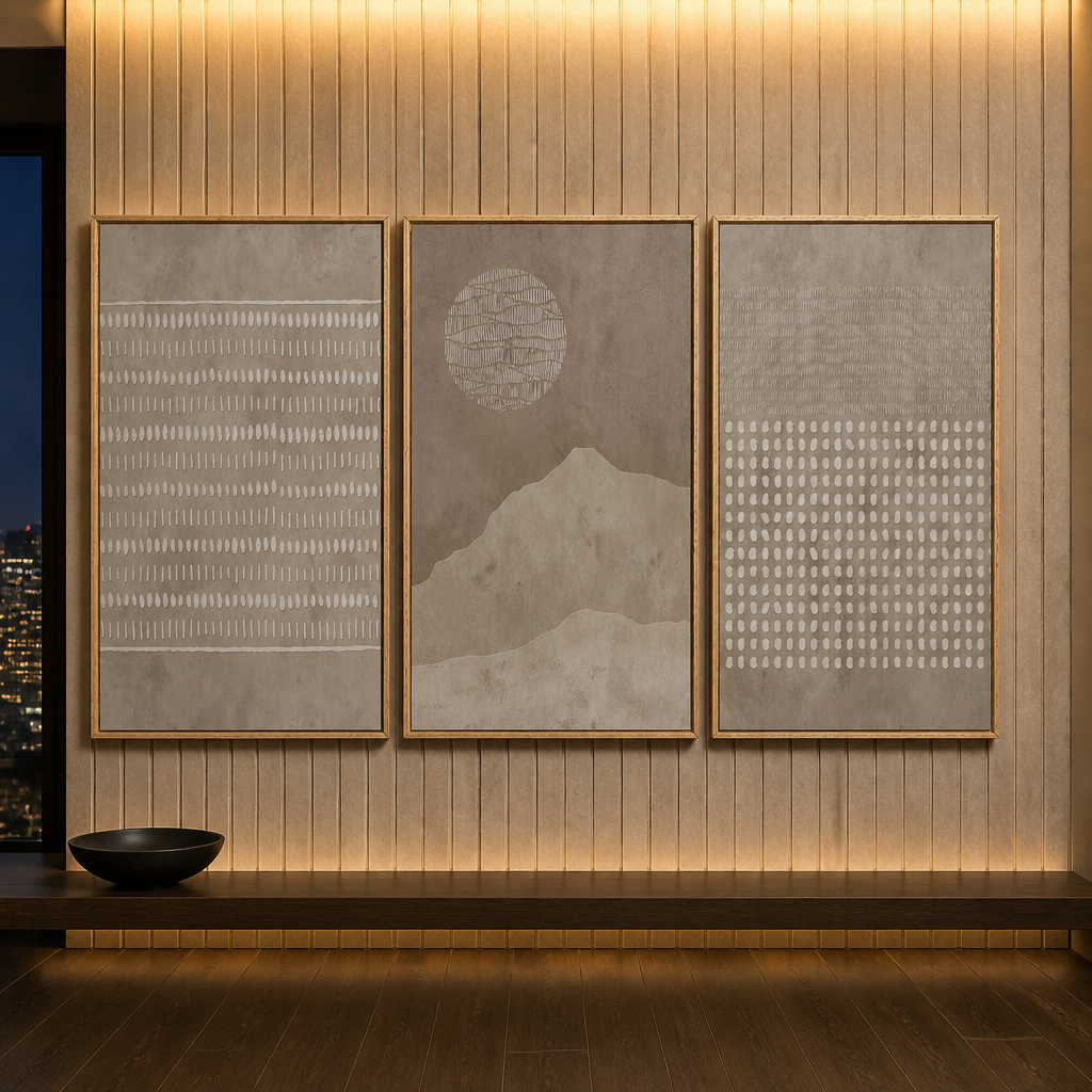 Three-piece beige wall art triptych on a fluted wall