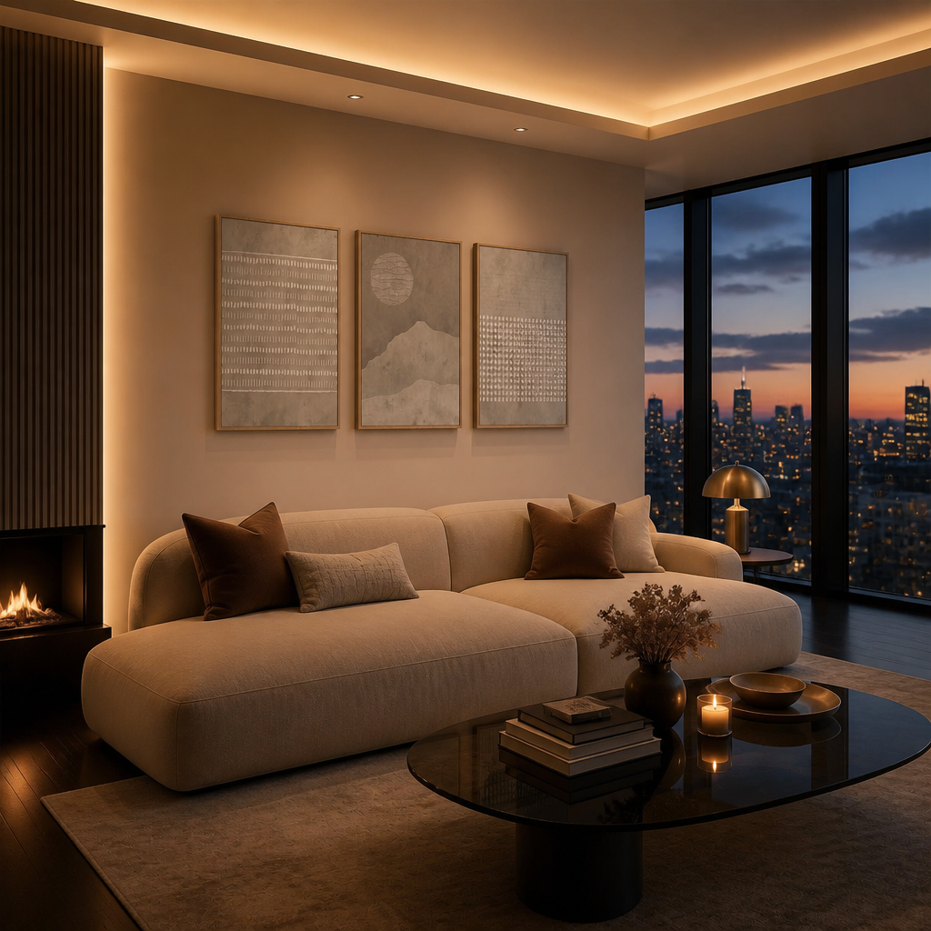 Neutral beige wall art triptych above a penthouse sofa