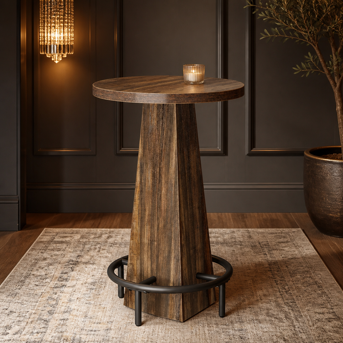 Brown round pub table — hero view