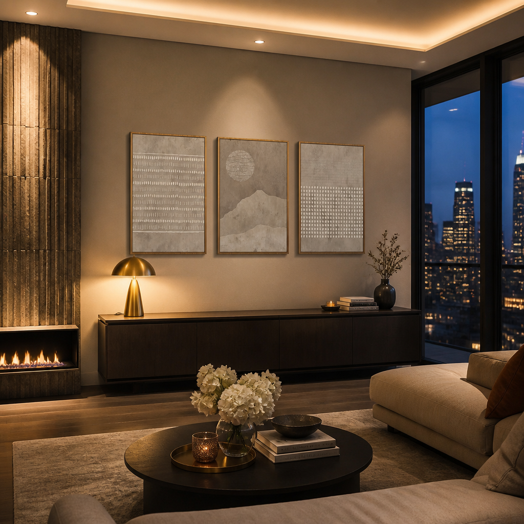 Neutral beige wall art triptych above a dark credenza