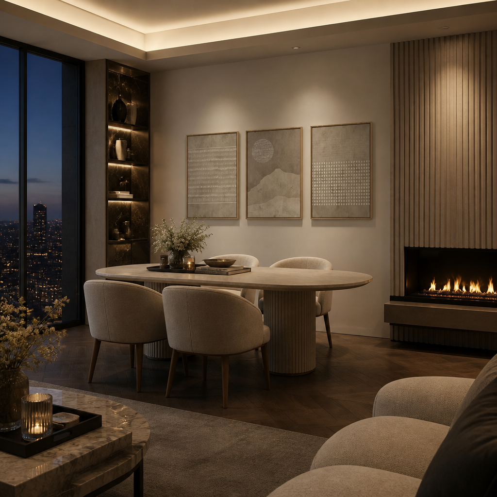 Neutral beige wall art triptych in a penthouse dining room