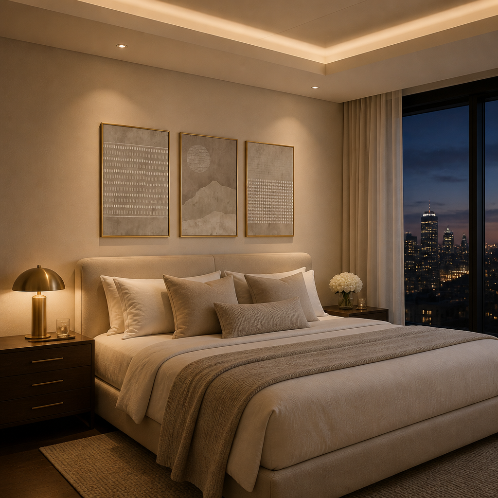 Neutral beige wall art triptych above a modern bed