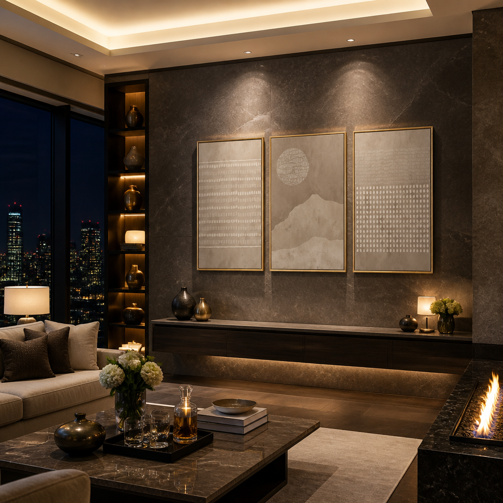 Neutral beige wall art triptych above a floating console
