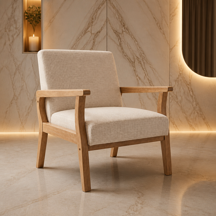 Beige linen and wood accent chair against pale marble