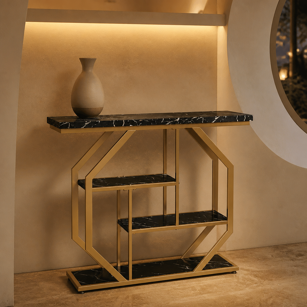 Gold metal console table with black faux marble — hero view