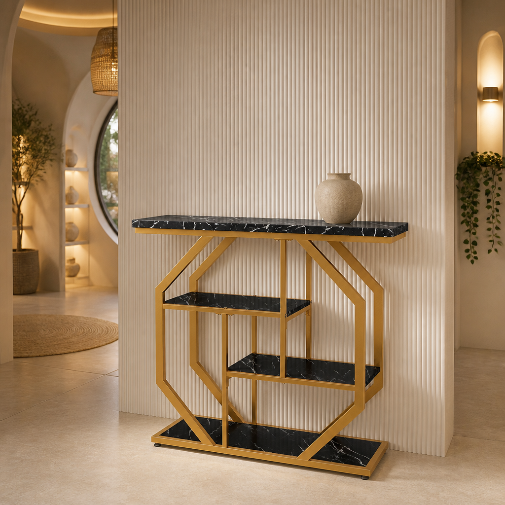 Gold metal console table with black faux marble — default variant