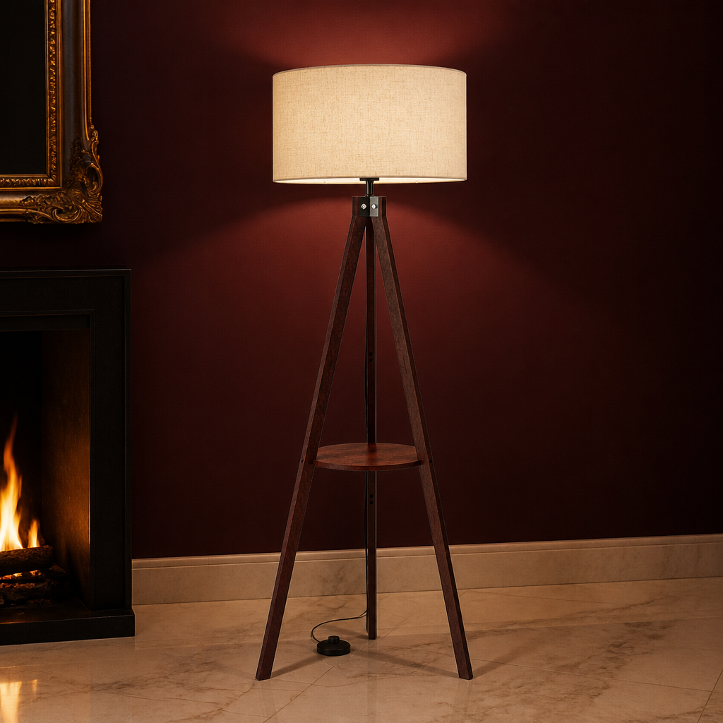 Walnut tripod floor lamp against an oxblood wall