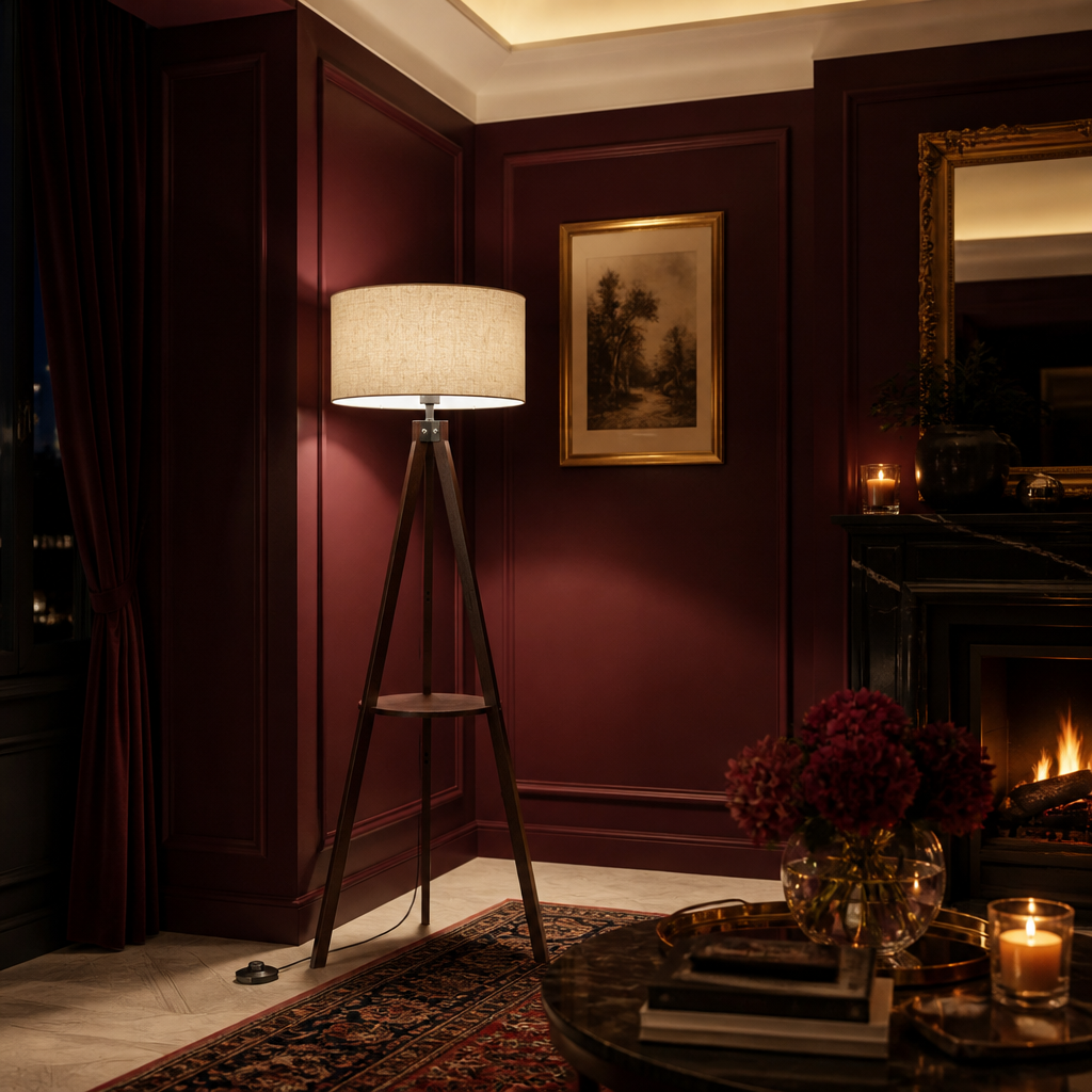 Walnut tripod floor lamp in an oxblood alcove