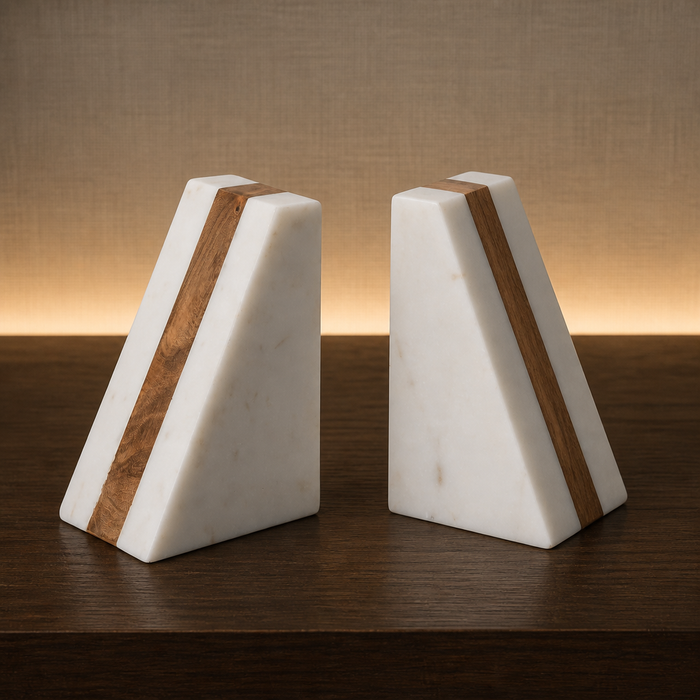 Pair of white marble and wood bookends hero