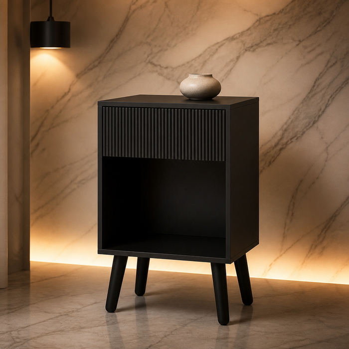 Mid-century fluted black nightstand hero