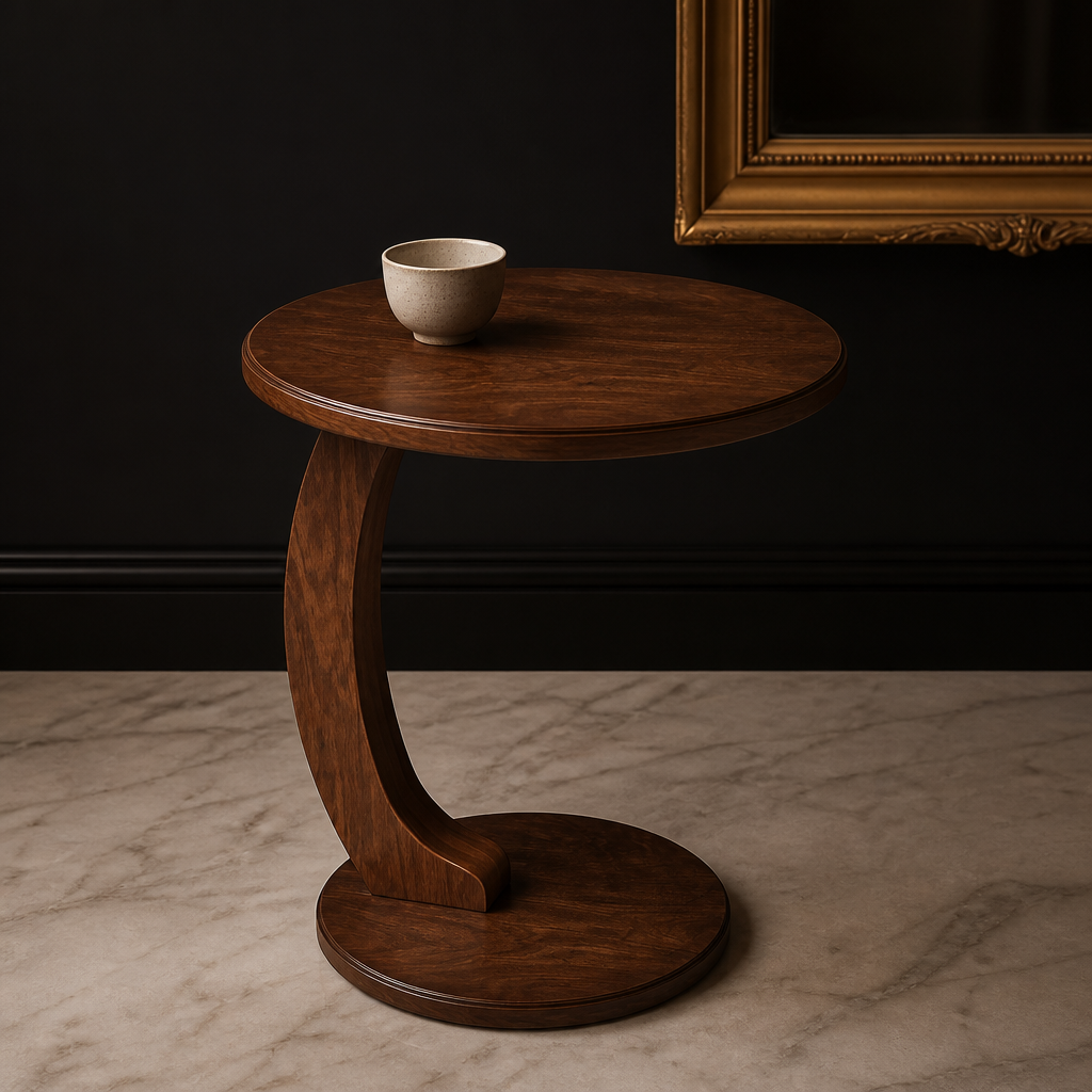 Mid-century walnut C-shaped side table hero