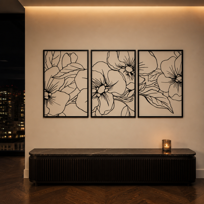 Three-panel black floral metal wall art hero