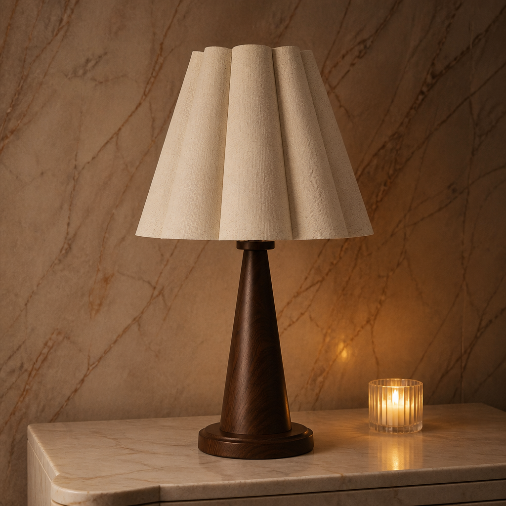 Coffee-brown linen table lamp on marble bedside table