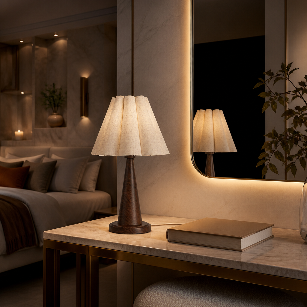 Coffee-brown linen table lamp beneath a backlit mirror