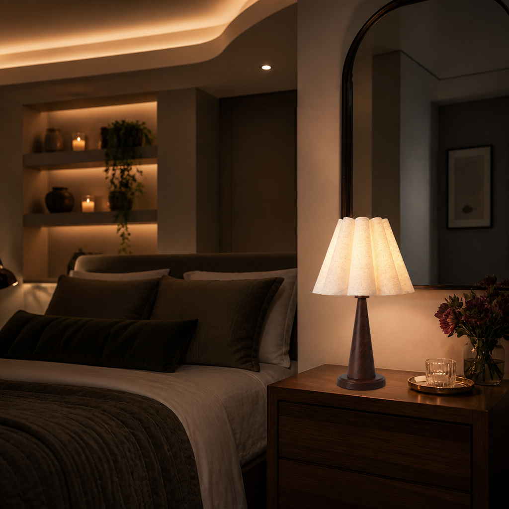 Lit linen table lamp in a layered bedroom