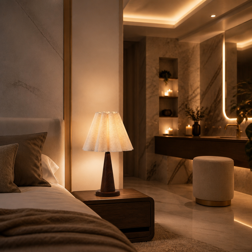 Lit linen table lamp in a marble bedroom corner