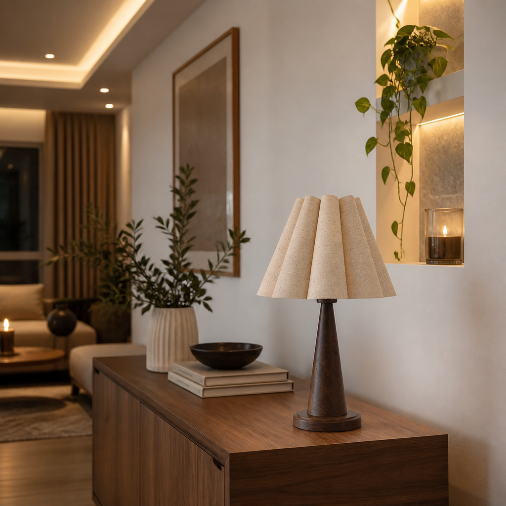 Linen table lamp beside trailing greenery