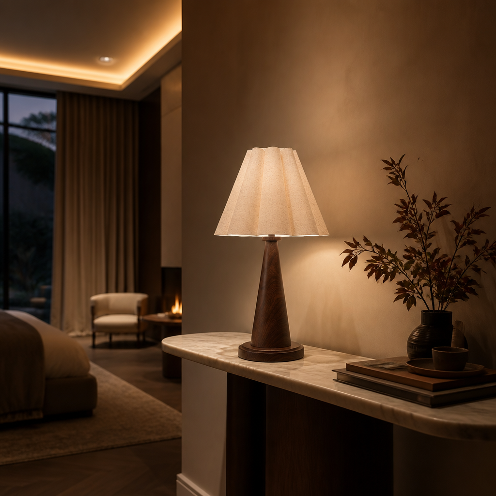 Coffee-brown linen table lamp near a bedroom entry