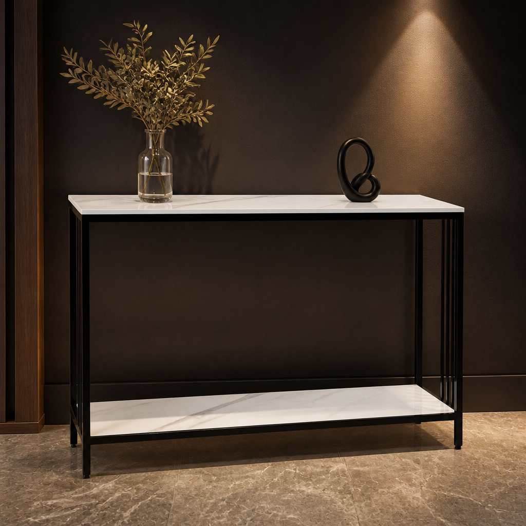 White sintered-stone console table against a dark wall
