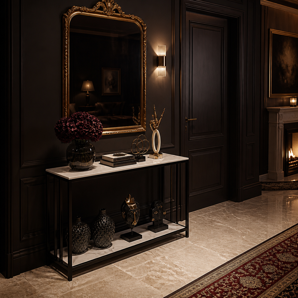 White stone console table beneath a gilt mirror