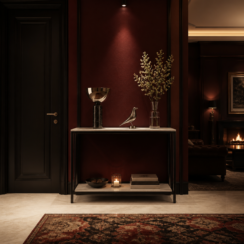 White stone console table in an oxblood hallway