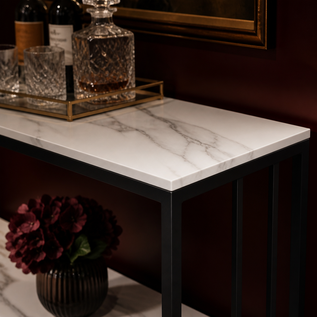 Close detail of the white sintered-stone console top