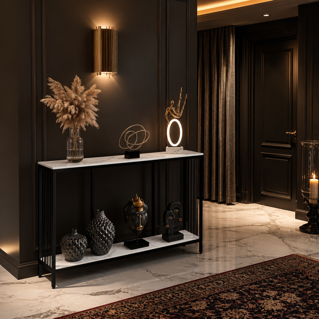White stone console table beside heavy drapery