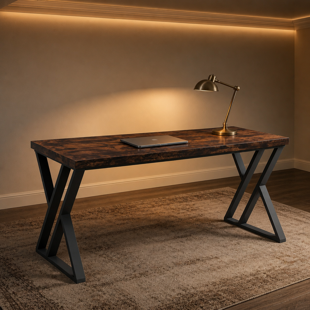Rustic brown desk with black metal X supports