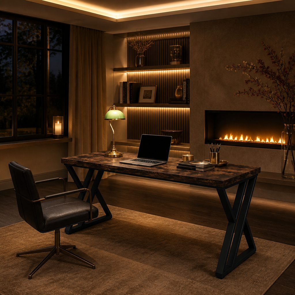 Rustic brown metal-frame desk in a home office