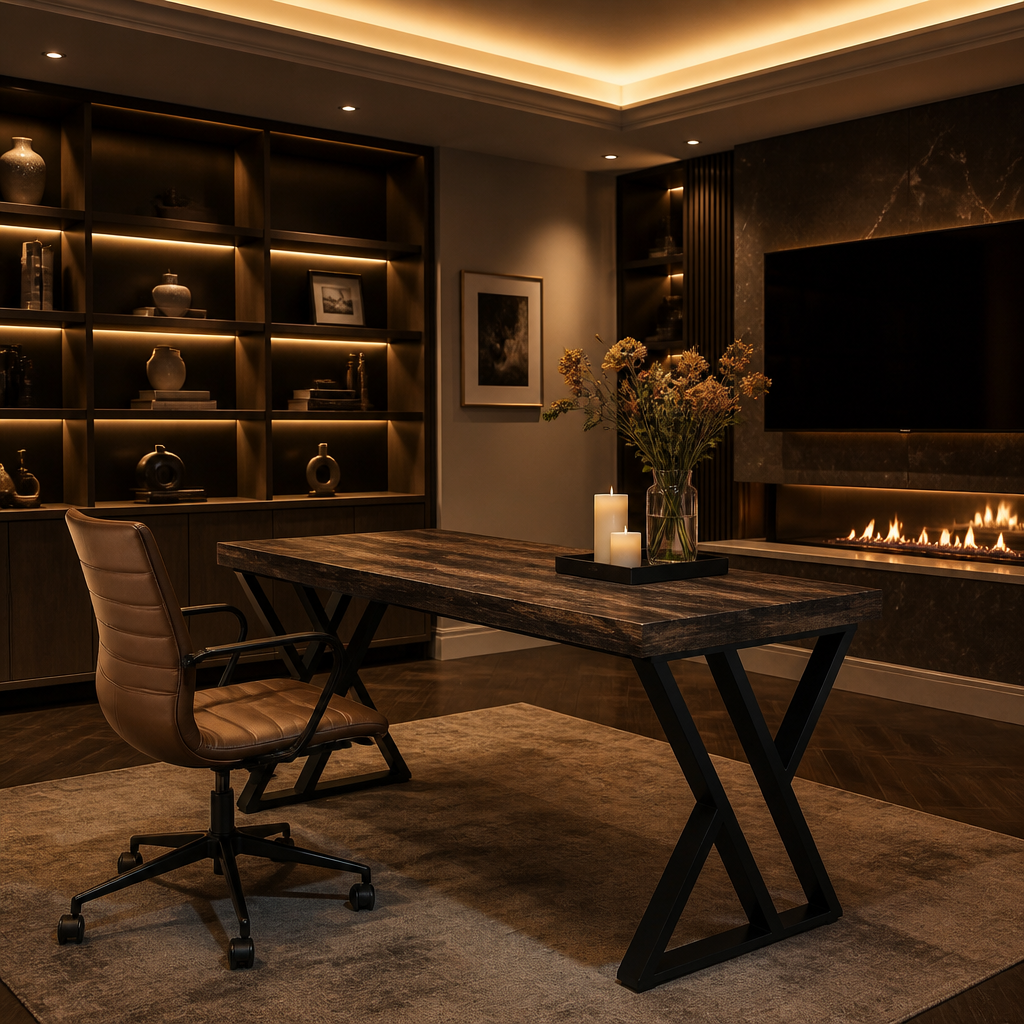 Dark wood desk beside a linear fireplace