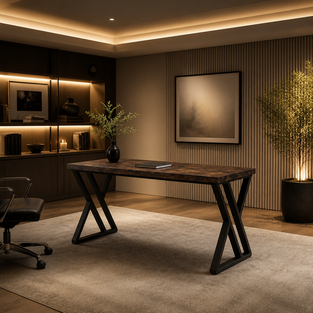 Metal-frame desk against a fluted office wall