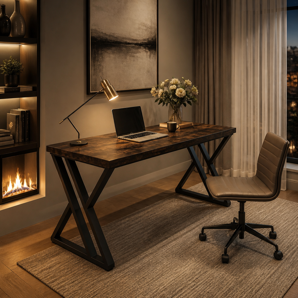 Rustic desk in a bright curtain-lined office