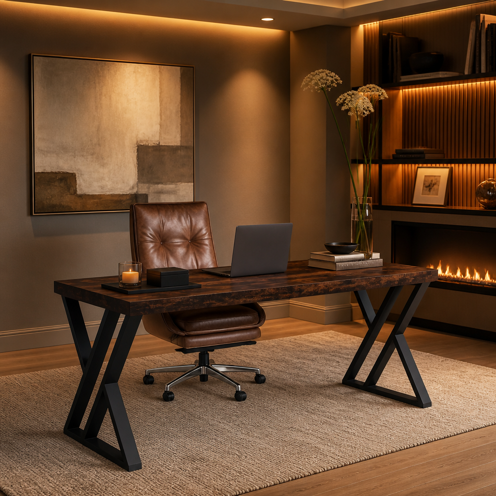 Rustic brown desk in a warm office alcove