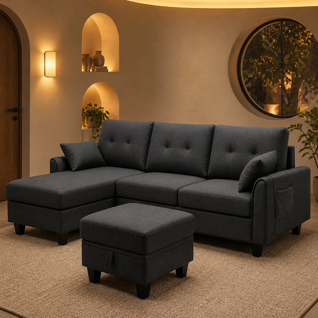 Dark grey sectional sofa with storage ottoman