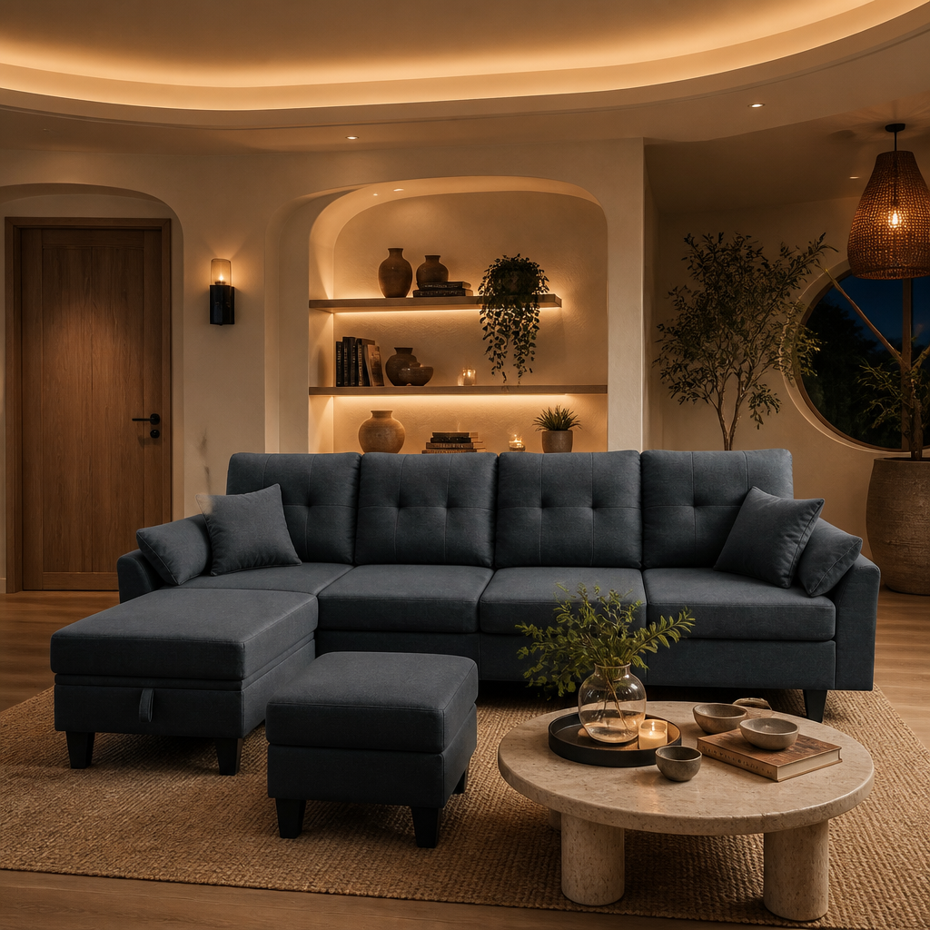 Dark grey sectional beneath curved cove lighting