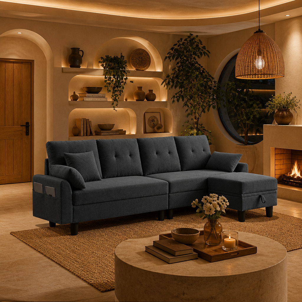Dark grey reversible sectional in a warm lounge
