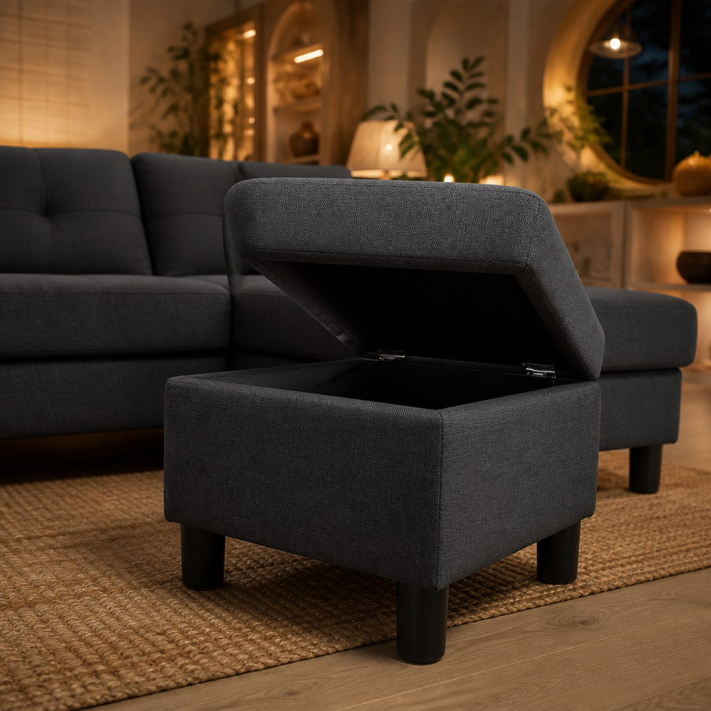 Open storage ottoman from the dark grey sectional