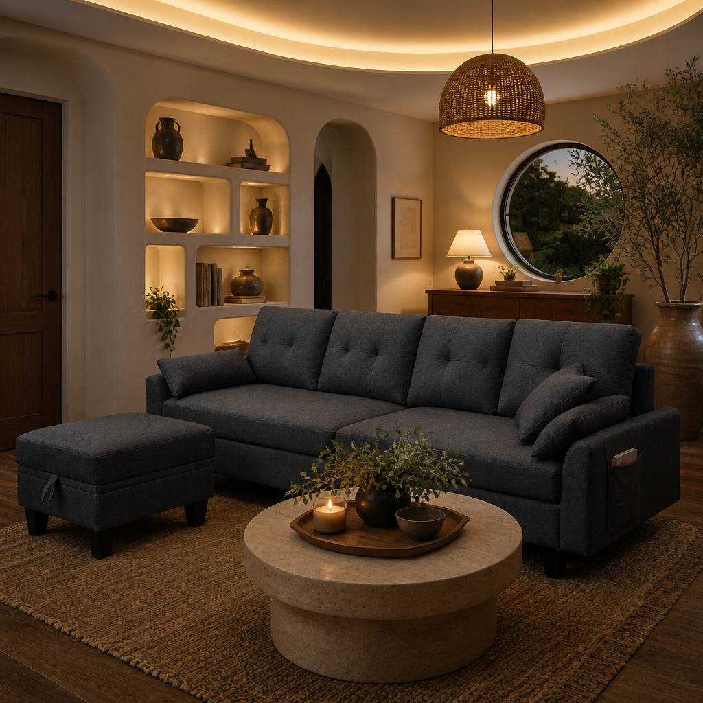 Dark grey sectional in a sculpted lounge