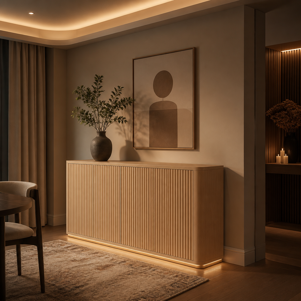 Natural oak sideboard in a quiet dining passage