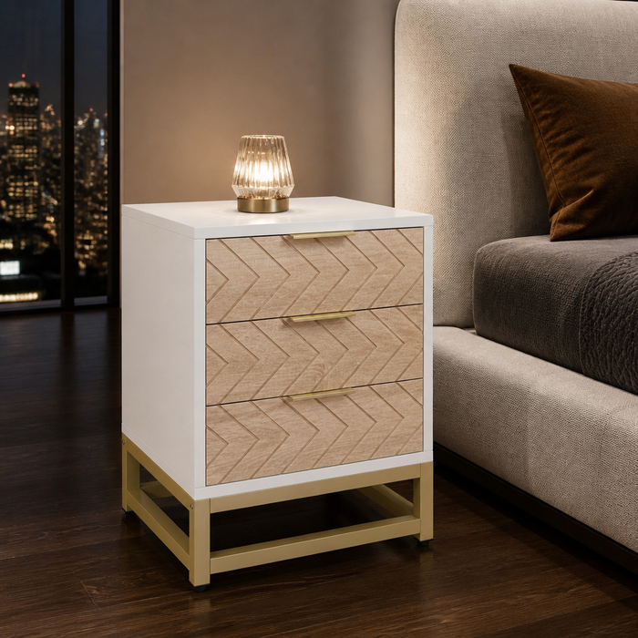 Modern white nightstand with three chevron wood drawers in a luxury bedroom