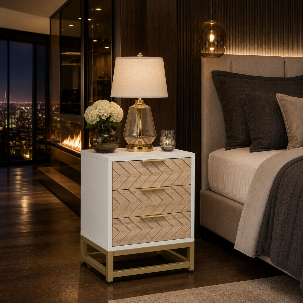 Modern white three-drawer nightstand with gold base detail
